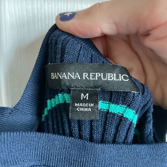 Banana Republic SQUARE-NECK KNIT MIDI DRESS in Navy & Emerald Green Stripe - Picture 8 of 9